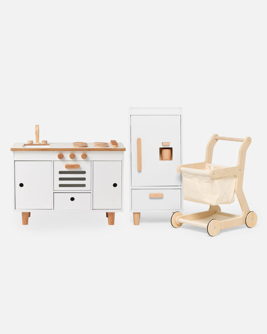 The Play Kitchen + Fridge + Shopping Cart